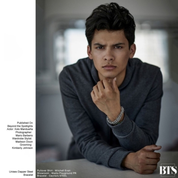 Xolo Maridueña at Beyond the Spotlights by Mario Barberio, styled by Madison Dixon wearing Cecilia's Steel jewelry: bracelet