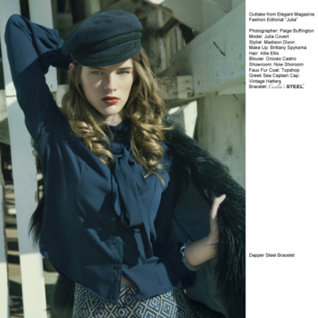 Julia Covert on Elegant Magazine fashion editorial photographed by Paige Buffington styled by Madison Dixon wearing Cecilia's Steel jewelry