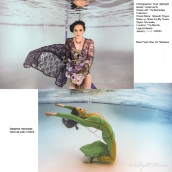 Underwater photography by Rudi Hallbright with Cecilia's Steel Jewelry: stainless steel bow tie necklace and body chains